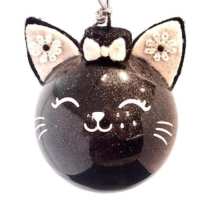 Hand Decorated Glass Christmas Ornament, Black Kitty Ornament, Perfect Ornament for your Tree, Cat Lovers Gift