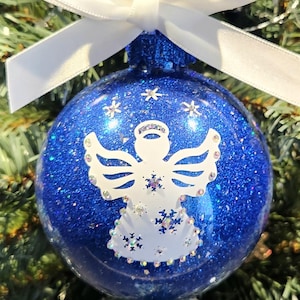 Handmade Angel Christmas Ornament: Blue Glitter Glass Ball