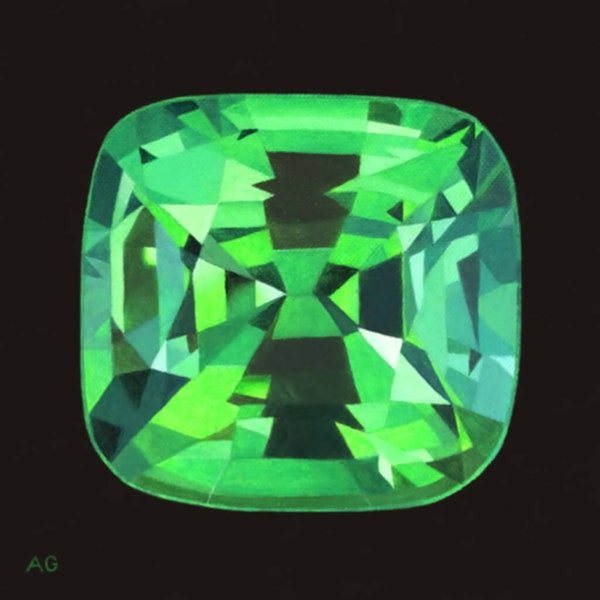 Fine Art Print Green Tsavorite Garnet Gemstone on Black Giclée 30cm Gift for Jeweller Wall Art for Jewellery Studio 1:1 Square