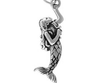 JewelsObsession Sterling Silver 31mm 3-D Mermaid Charm w/Lobster Clasp JewelsObsession Sterling Silver 31mm 3-D Mermaid Charm w/Lobster Clasp