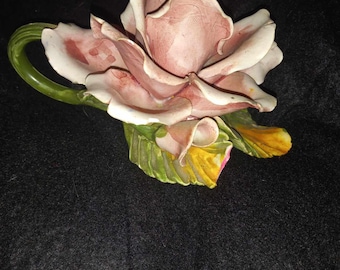 Vintage Italian Taper Candle Holder Capodimonte Style Pink Rose With Finger Loop