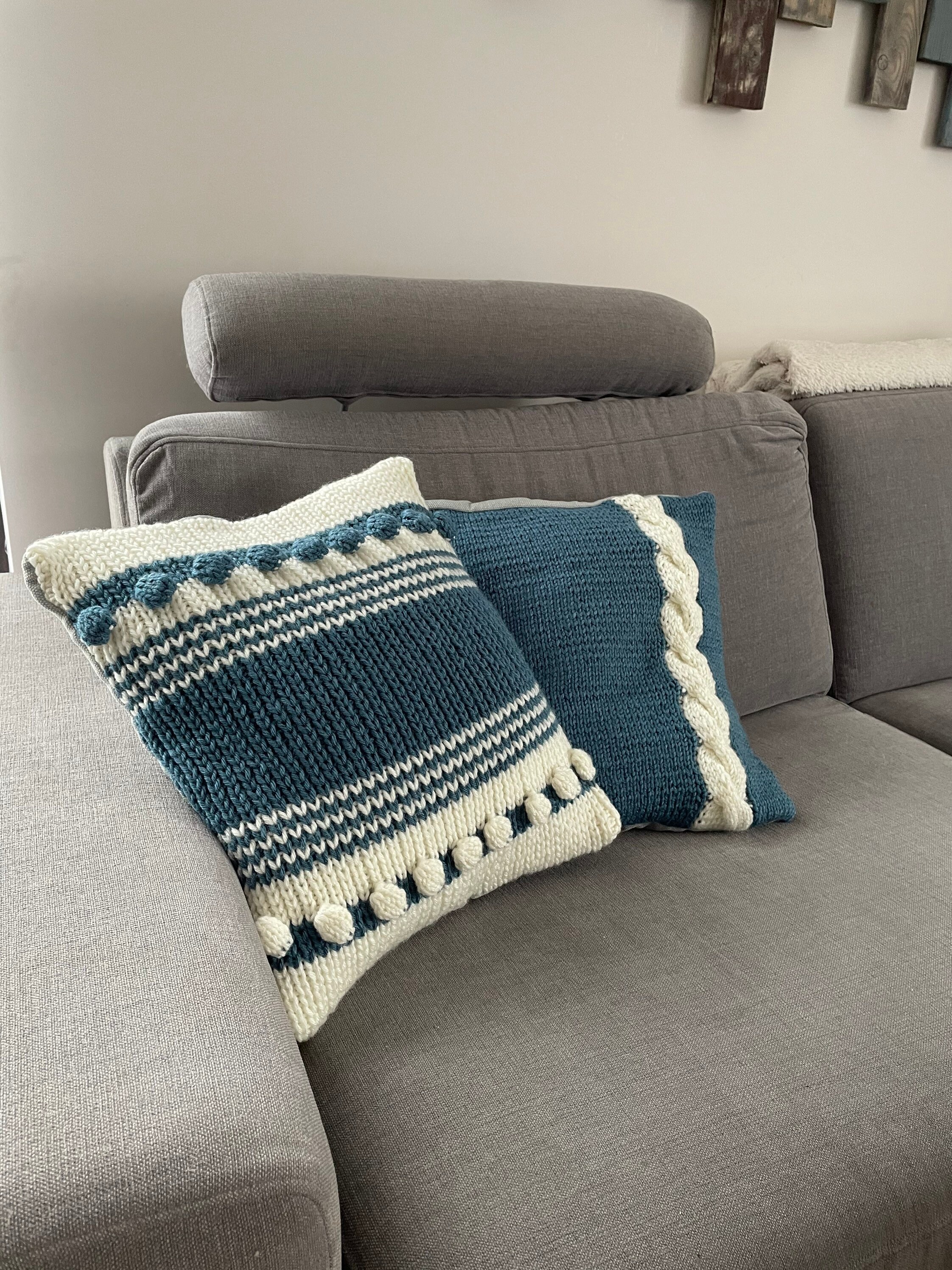 Set of 2 Knitted Pillow Case 18x18 Inches Cable Knit Blue Etsy UK