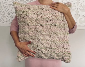 Handmade Cable Knit Pillow Cover, Light Multicolor Wool Blend (24x24)