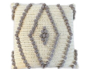 Handmade Crochet Pillow Cover, Light Cream Beige, Wool Blend (20x20 inches)
