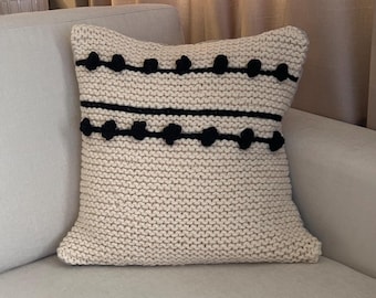 Handmade Knitted Pillow Cover, Light Cream and Brown, 20x20 Inches