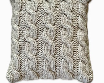 Handmade Cable Knit Pillow Cover, Ivory Wool Blend, 20x20 inches