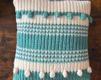 Hand Knitted Wool Blend Pillow Cover, Turquoise Pom Pom Cushion, 18x18