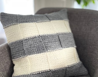 Hand Knit Throw Pillow Cover, Grey and White, 18x18