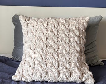 Hand Knit Cable Knit Pillow Cover, Ivory Wool Blend, 24x24