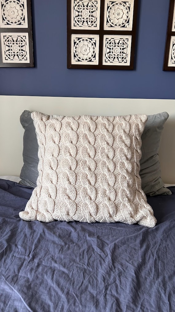 KNITTED PILLOW COVER Hand Knit Cable Knit Pillow Case 24x24 Inches Ivory Color Throw Pillow Cover Etsy