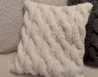 Hand Knit Cable Pillow Cover, Cream Throw Pillow Case 12x12