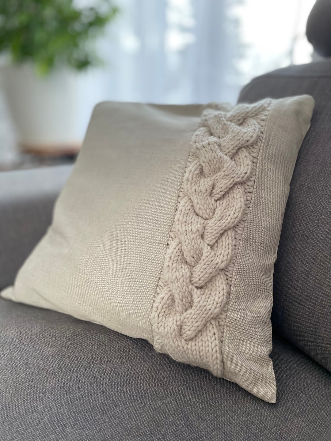 Decorative Linen Pillow Cover, Cable Knit Pillow Case, Ivory Color, Throw Pillow Cover, 18x18