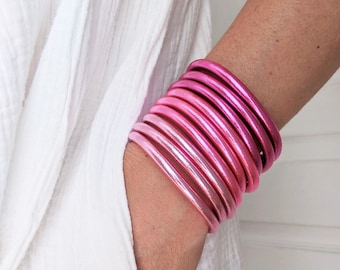 Pulsera budista con mantra: rosa claro, rosa llamativo, rosa fucsia (kumlai auténtico y de primera calidad)