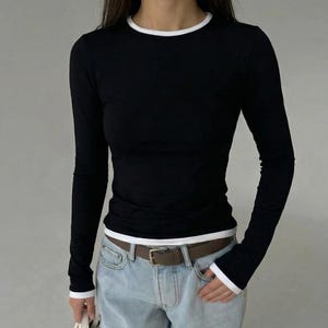 Womens cotton long sleeve top, fitted minimalist basic tee, slim fit everyday casual shirt, double top, fitted cotton basic stretchy top