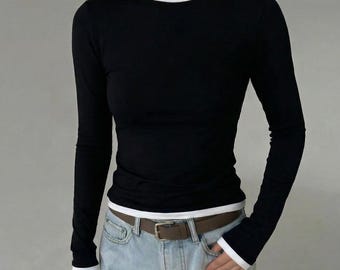Womens cotton long sleeve top, fitted minimalist basic tee, slim fit everyday casual shirt, double top, fitted cotton basic stretchy top