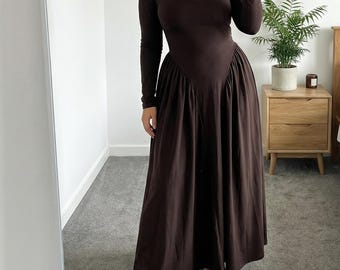 Renaissance cotton maxi dress with long sleeves, boho cottagecore corset-inspired gown, elegant women’s a-line dress wedding guests