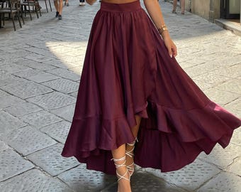 Wrap satin skirt, hippie summer peasant skirt, maxi cotton renaissance skirt, victorian boho a line skirt,linen long ruffle asymmetric skirt