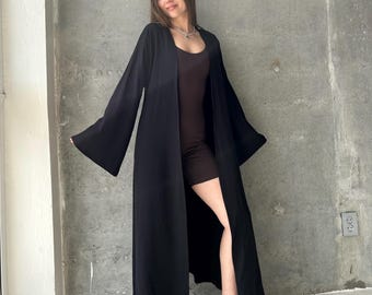 Floor length robe for women, japanese plus size kimono, full length robe, black long oversized robe, lounge linen boho kimono