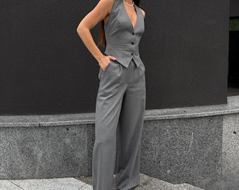 Prom pant suit, wide leg tweed classic suit, formal black elegant wedding guest, striped women bridesmaid suits, ladies vest and pants set