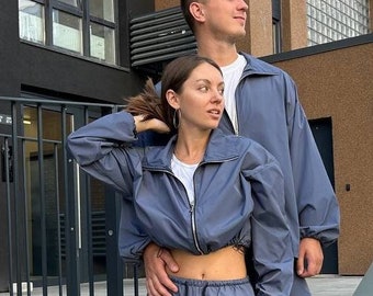 Windbreaker couples matching tracksuit, gift for couples sweatshirt, mens wide leg pants, sport street activewear set , track suit women
