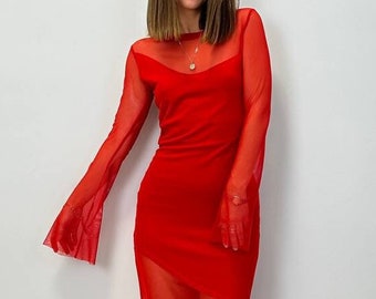 Red prom dress, party cocktail dress, maxi red evening dress, Valentines Day Dress, long sleeve dress