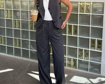 Graduation classic woman pants suit, wedding guest dark blue suit, business bridesmaid suit with vest palazzo, formal pantsuit matching set