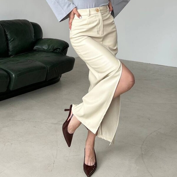 High-Waisted Leather Maxi Skirt with Front Slit - Beige main image 1