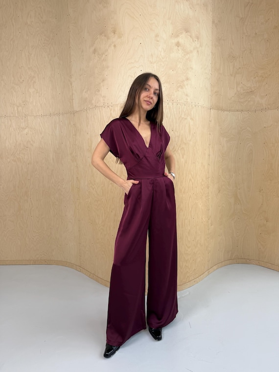 burgundy jumpsuit dress Gwen Burgundy High-Neck Jumpsuit With Gold-Detail Club L London