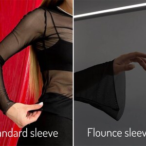 Mesh sleeves black top, long sleeve see through top, fitted mesh panel sleeves top, slim fit sheer black top, transparent sheer mesh top