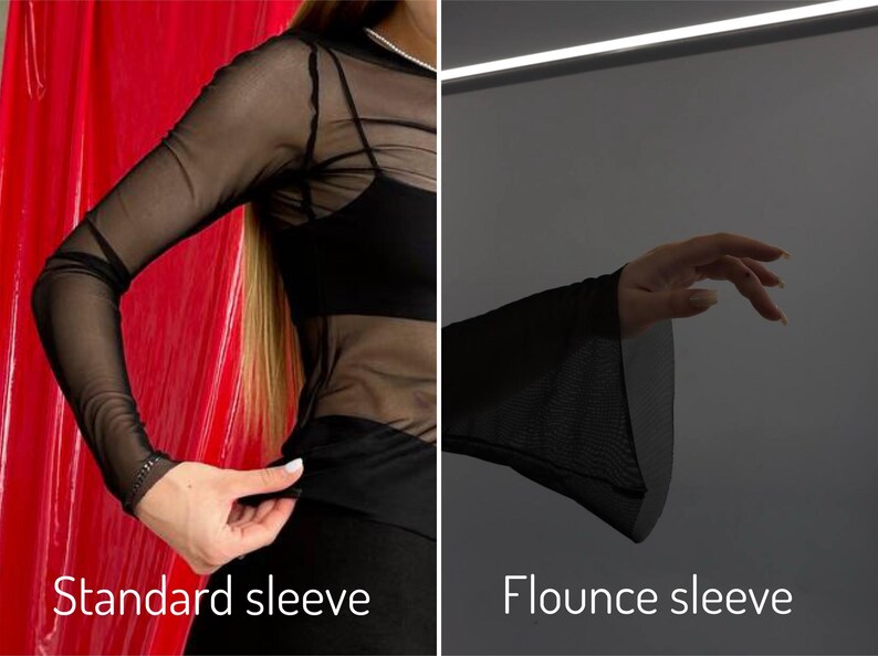 Mesh sleeves black top, long sleeve see through top, fitted mesh panel sleeves top, slim fit sheer black top, transparent sheer mesh top
