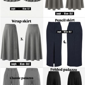 May include: A collection of skirts and palazzo pants in various styles. Includes a pleated skirt (17.7" long), A-line skirt (33.5" long), wrap skirt (33.5" long), pencil skirt (39.4" long), classic palazzo (41.7" long), and folded palazzo (41.7" long).