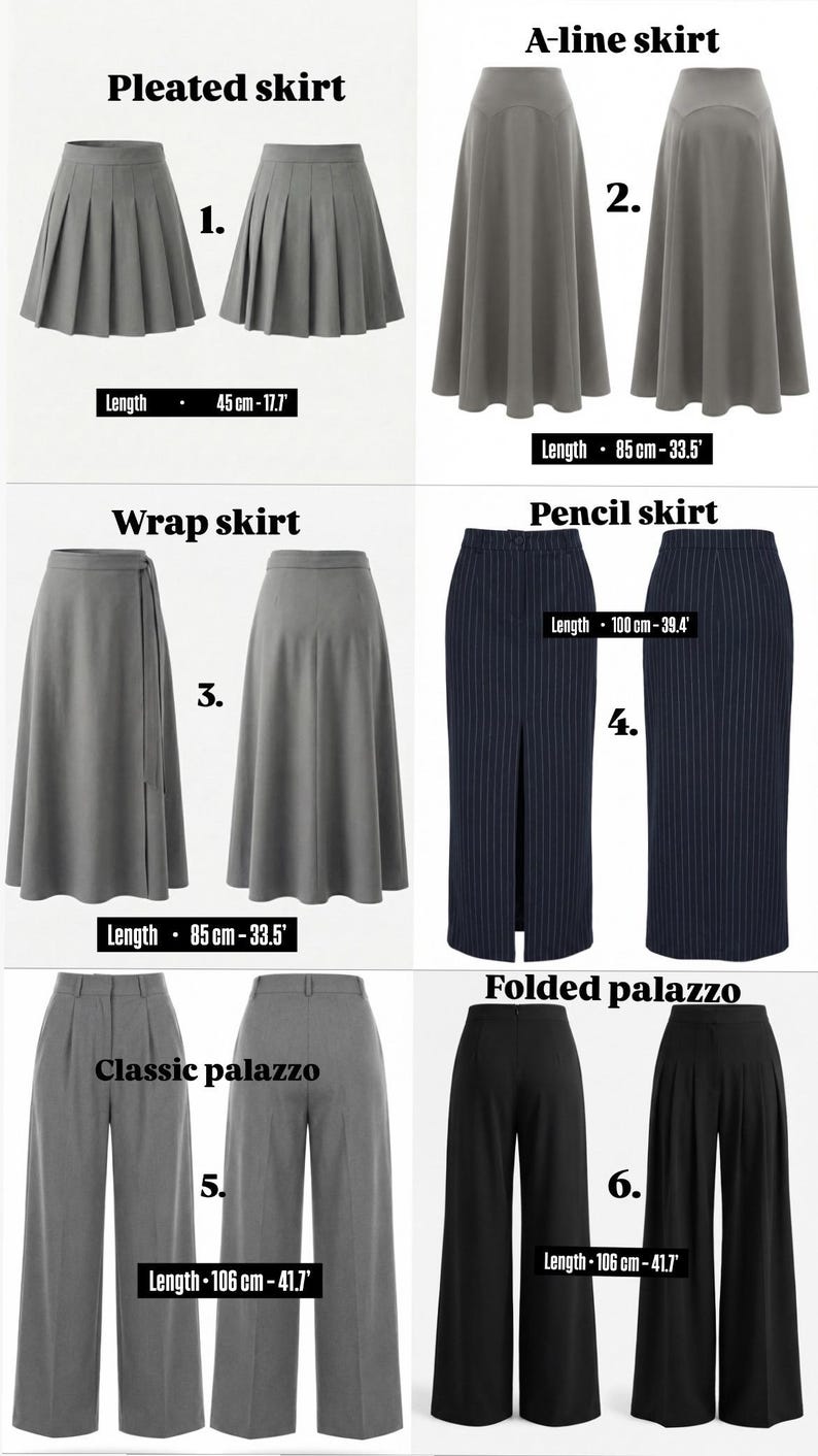 May include: A collection of skirts and palazzo pants in various styles. Includes a pleated skirt (17.7" long), A-line skirt (33.5" long), wrap skirt (33.5" long), pencil skirt (39.4" long), classic palazzo (41.7" long), and folded palazzo (41.7" long).