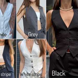 The image is a collage of five different women wearing vests, each with a different color and style.