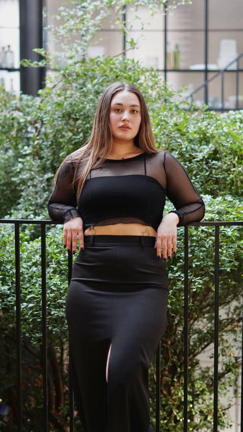 Mesh sleeves black top, long sleeve see through top, fitted mesh panel sleeves top, slim fit sheer black top, transparent sheer mesh top