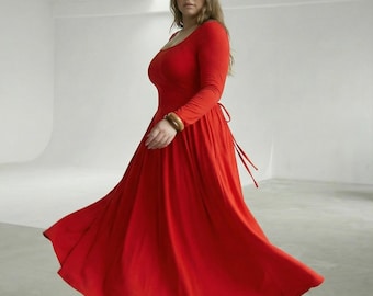 Long sleeve cotton maxi dress, renaissance boho corset style knit dress, romantic wedding guest dress for women