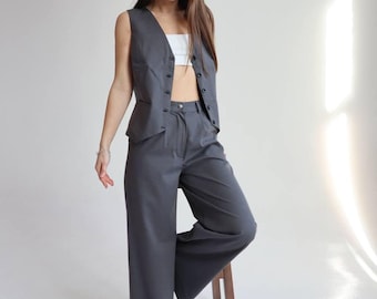 Bridal pantsuit, wedding guest palazzo pants suit, grey womens vest suit, formal vest and pants set, business two piece set, ladies suit