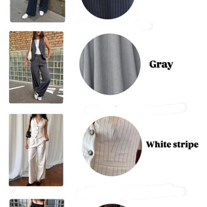 May include: Image showcasing suit fabric options. Includes examples of outfits in blue stripe, gray, white stripe, and black fabrics. The material composition is 64% viscose, 32% polyester, and 4% elastane. The image features various suit styles.
