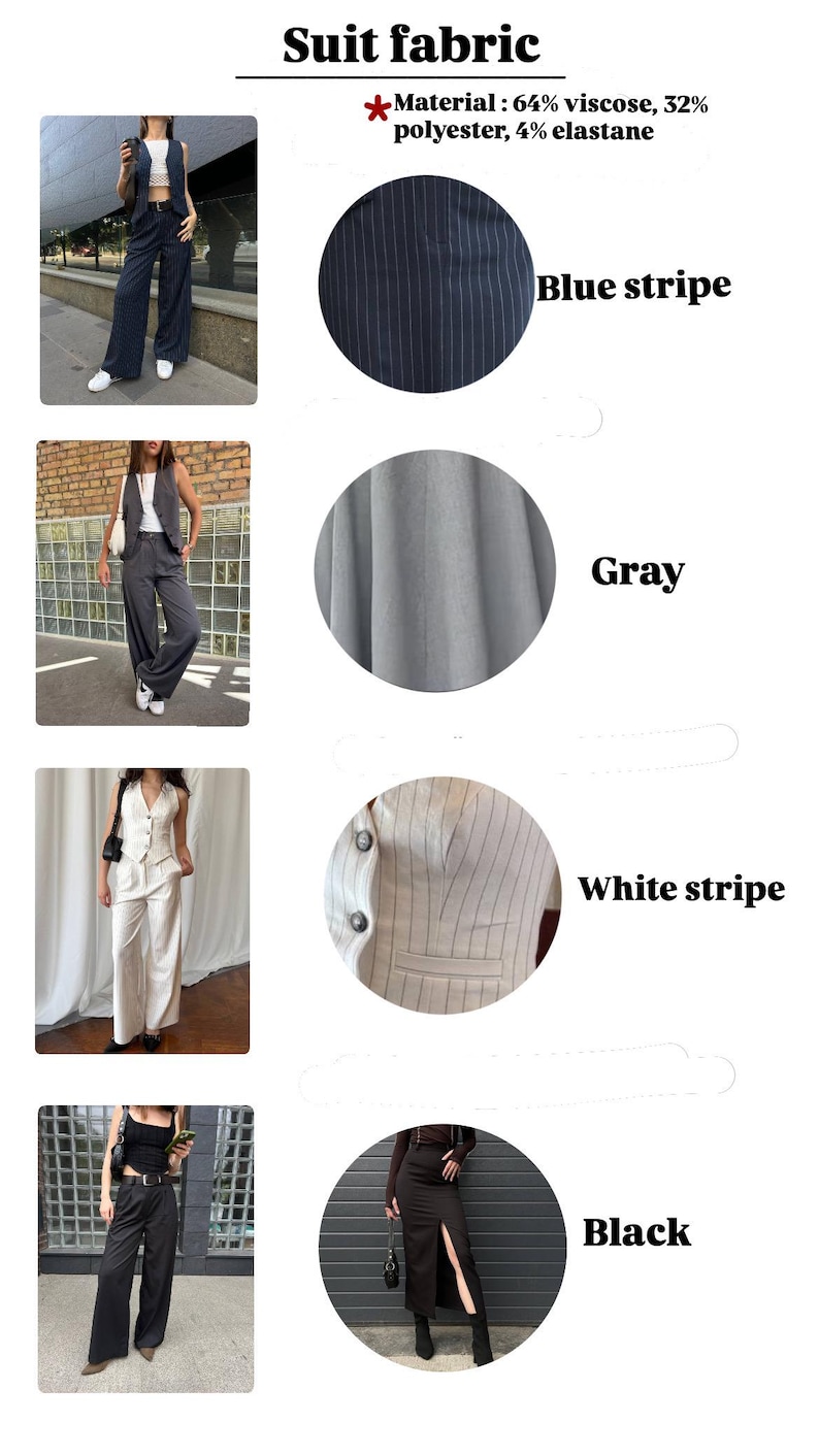 May include: Image showcasing suit fabric options. Includes examples of outfits in blue stripe, gray, white stripe, and black fabrics. The material composition is 64% viscose, 32% polyester, and 4% elastane. The image features various suit styles.