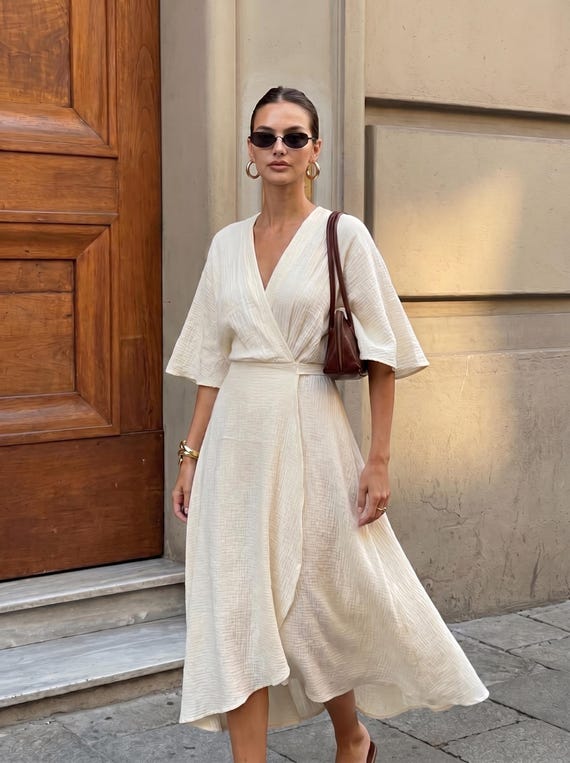 Cotton Wrap Summer Dress, Flowy Boho Midi Dress, Lightweight Plus Size Dress, European Vacation Outfit, Womens Red Dress