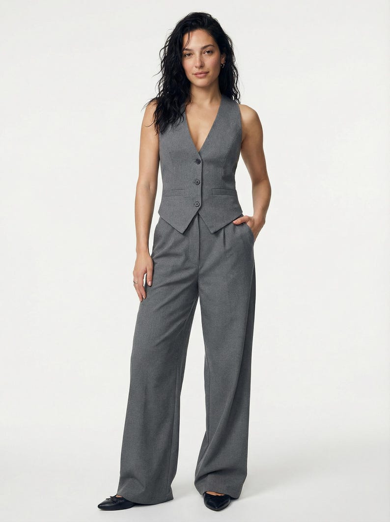 Custom corset vest with palazzo suit, plus size woman suit set of 2, classic pants suit, wedding guest suit, suit with skirt image 13