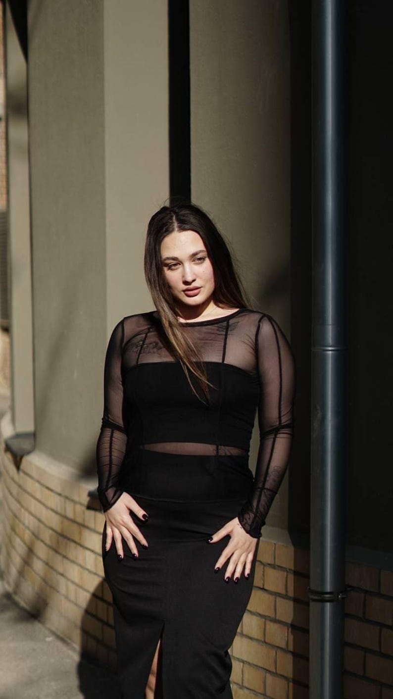 Mesh sleeves black top, long sleeve see through top, fitted mesh panel sleeves top, slim fit sheer black top, transparent sheer mesh top