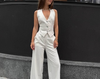 Bridal pantsuit elegant women suit set, formal wedding guest suit, palazzo pants suit with vest, two piece ladies business outfit