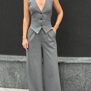 Womens suit set with vest and pants, chic bridal pantsuit, formal palazzo wedding suit, elegant ladies two piece business outfit
