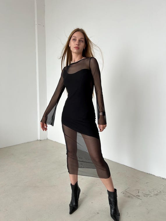 see through bodycon dresses Sheer Black Bodycon Short Sleeve Dress  Knorts Knit Denim
