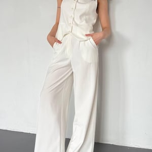 Wedding palazzo pants suit, white womens vest suit, formal vest and pants set, business two piece set, ladies bridal suit