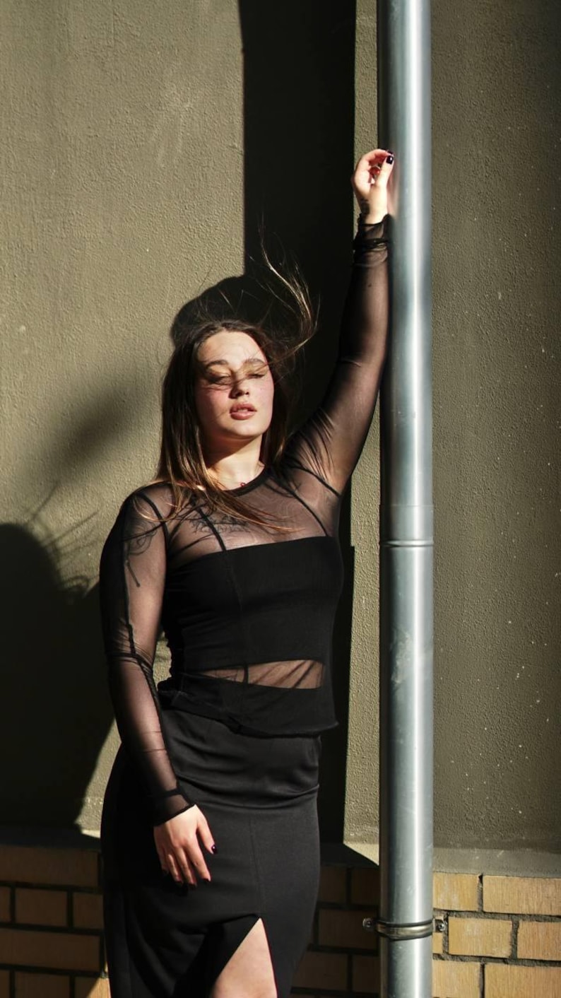 Mesh sleeves black top, long sleeve see through top, fitted mesh panel sleeves top, slim fit sheer black top, transparent sheer mesh top