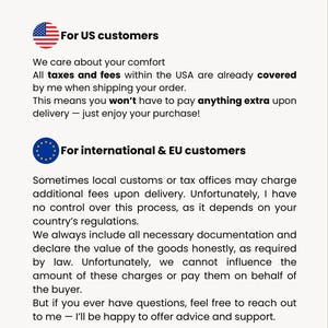 The image is a text-based collage that provides information about taxes and customs duties for international and US customers.