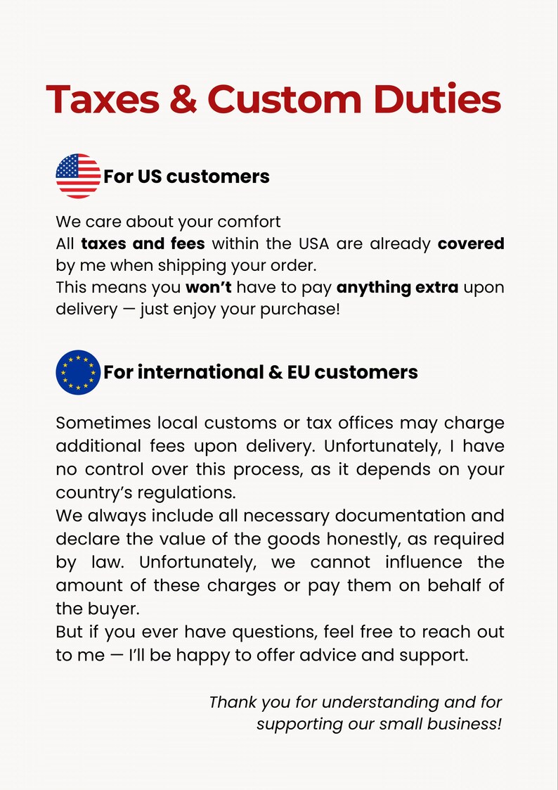 The image is a text-based collage that provides information about taxes and customs duties for international and US customers.
