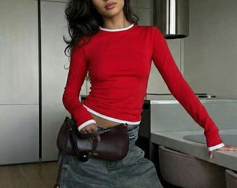 Cotton long sleeve fitted top for women, minimalist slim fit everyday shirt, lightweight basic layering top
