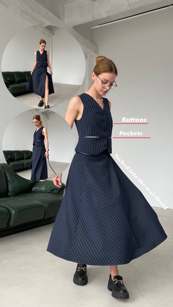 Chic Blue and White Stripe  Vest and Midi Skirt Set main image 1